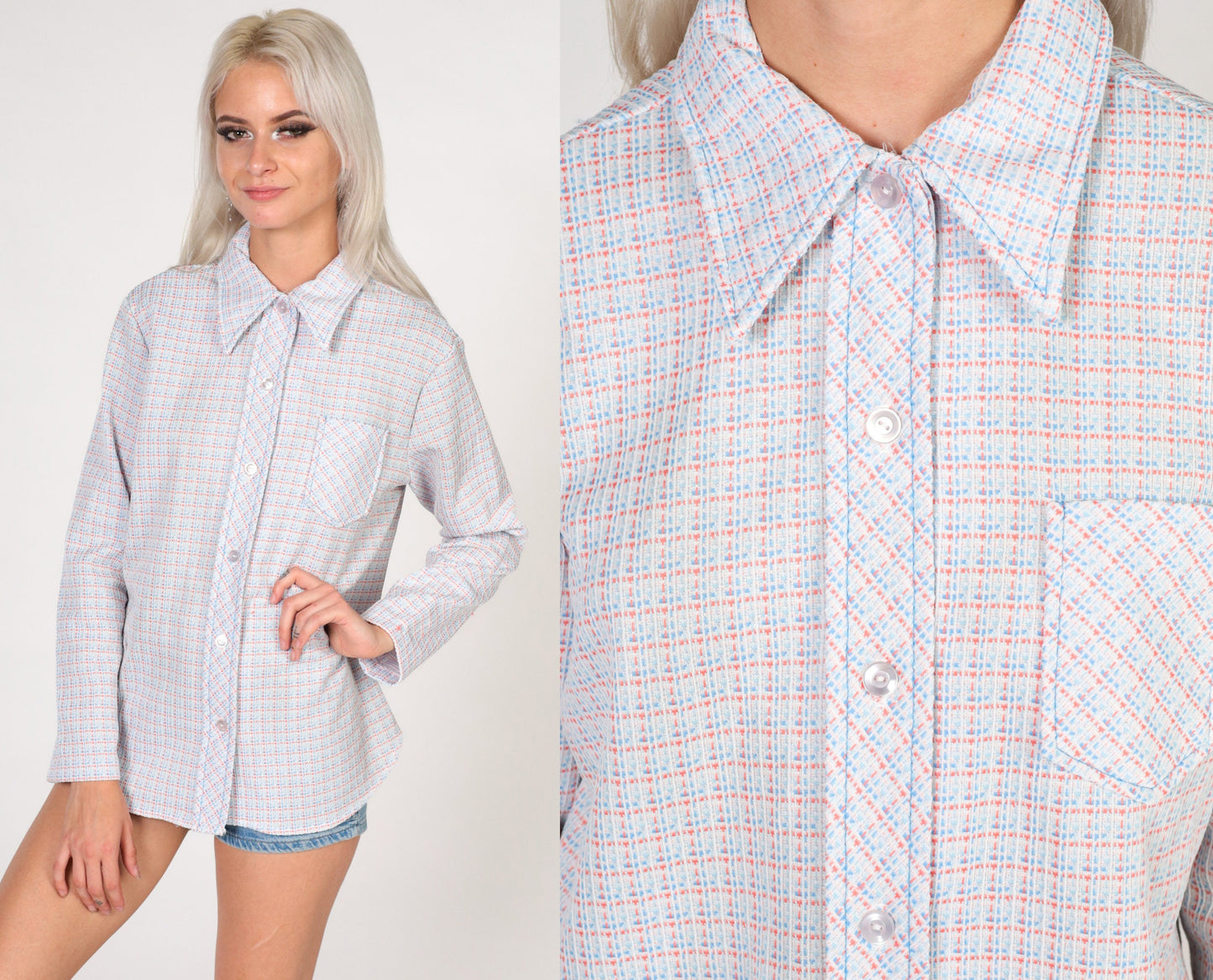 70s Checkered Button-Up Blouse Long Sleeve Pointed Collar White Coral Blue Small