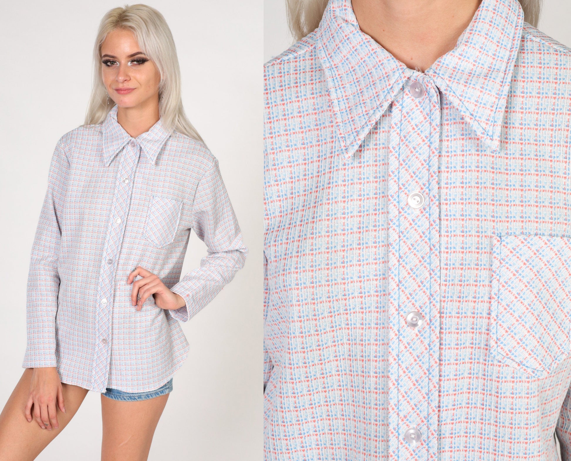 70s Checkered Button-Up Blouse Long Sleeve Pointed Collar White Coral Blue Small