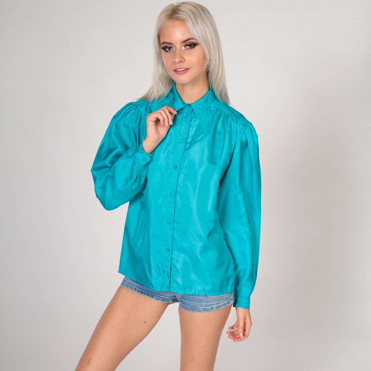 80s Turquoise Puff Sleeve Blouse Button-Up Pleated Chest Shiny Small