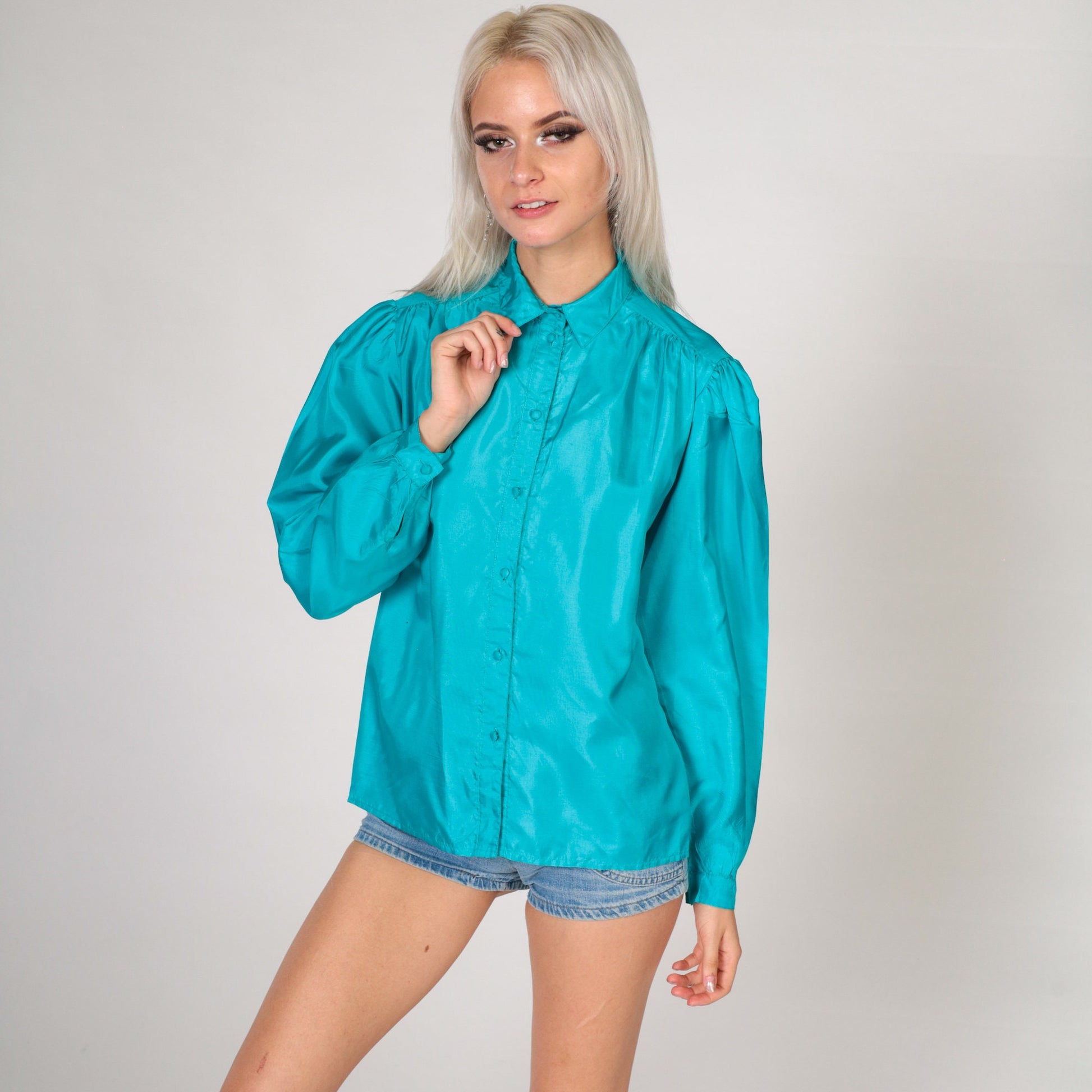 80s Turquoise Puff Sleeve Blouse Button-Up Pleated Chest Shiny Small