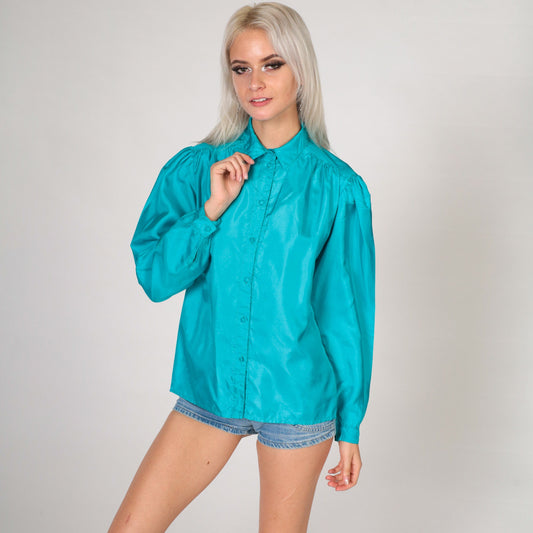 80s Turquoise Puff Sleeve Blouse Button-Up Pleated Chest Shiny Small