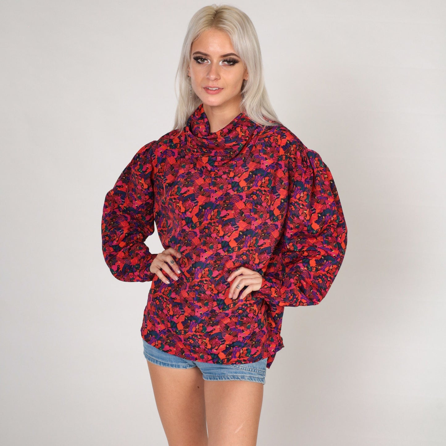 80s Abstract Print Cowl Neck Blouse Long Sleeve Purple Pink Orange Large L