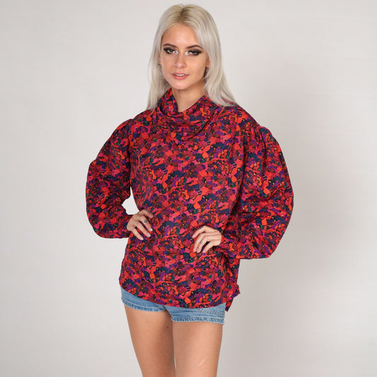 80s Abstract Print Cowl Neck Blouse Long Sleeve Purple Pink Orange Large L