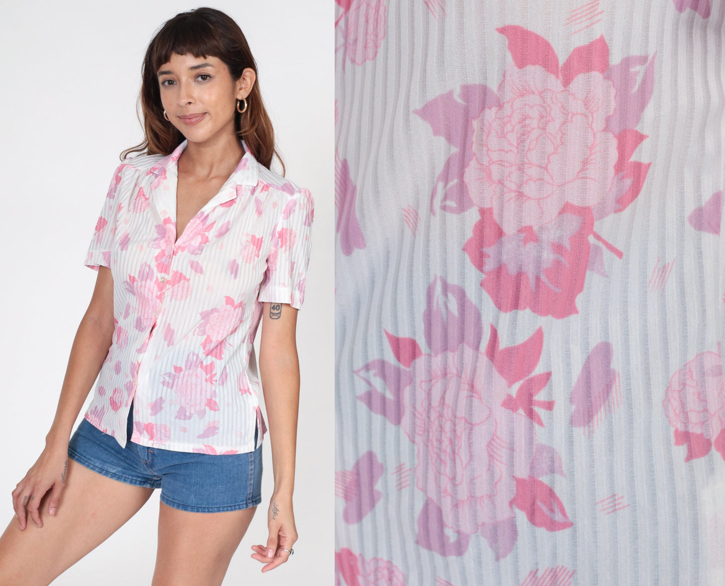 70s Graff Floral Button-Up Blouse White Puff Sleeve Small