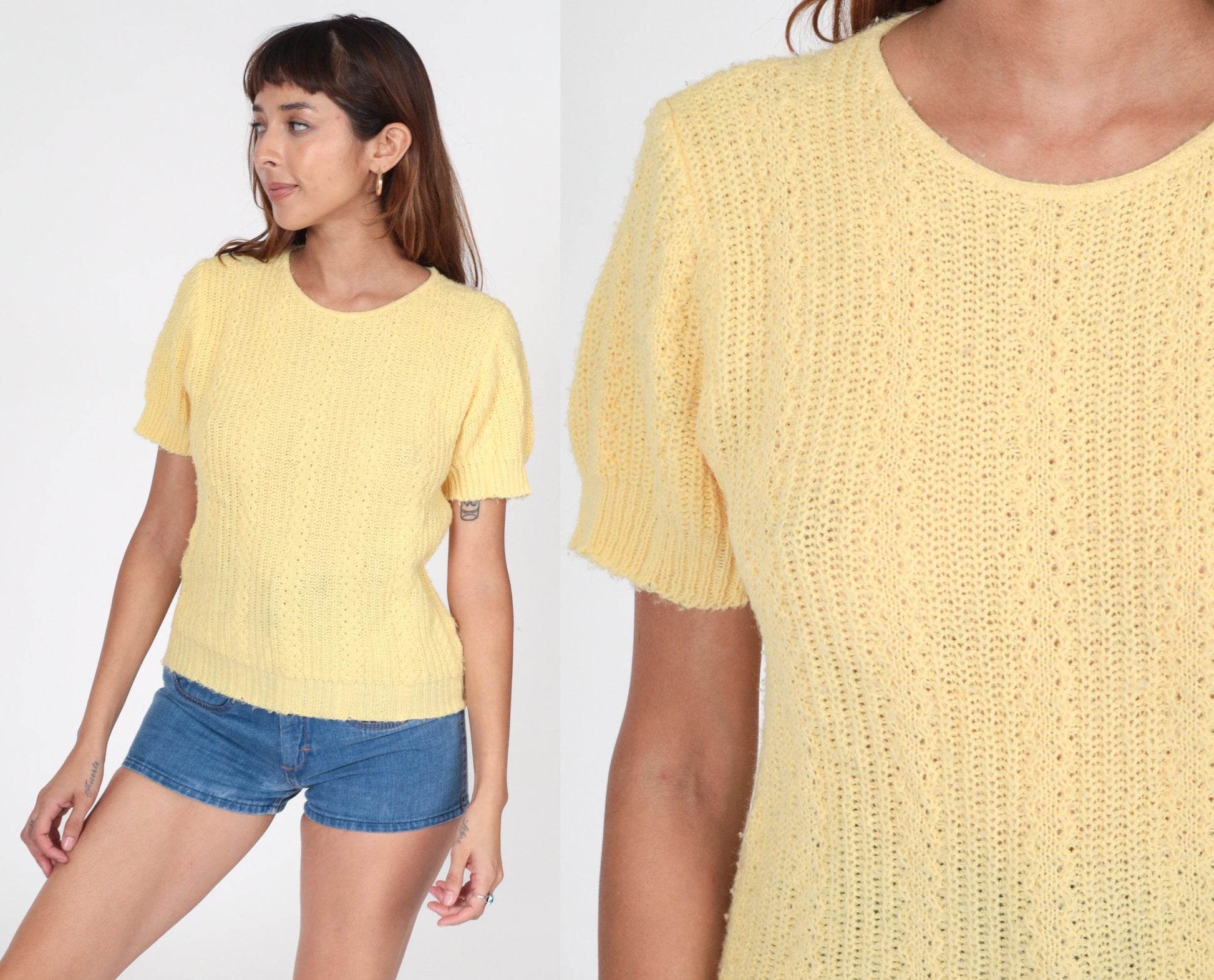 80s Light Yellow Knit Short Sleeve Top Small S