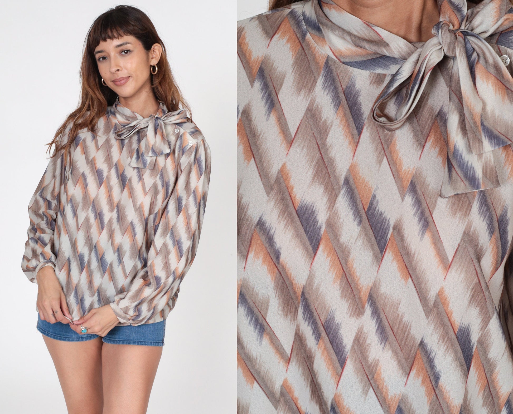 70s Checkered Ascot Blouse Taupe Orange Blue Long Sleeve Neck Tie Top Large L