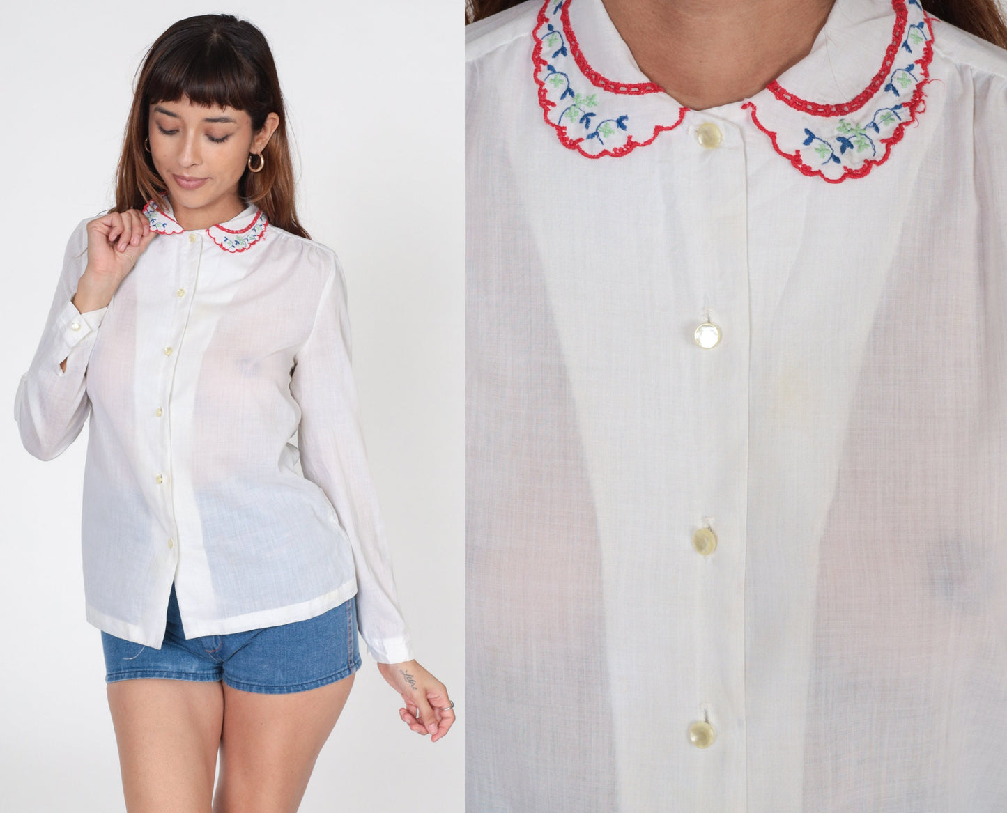 80s White Sheer Blouse Floral Embroidered Peter Pan Collar Button Up Small