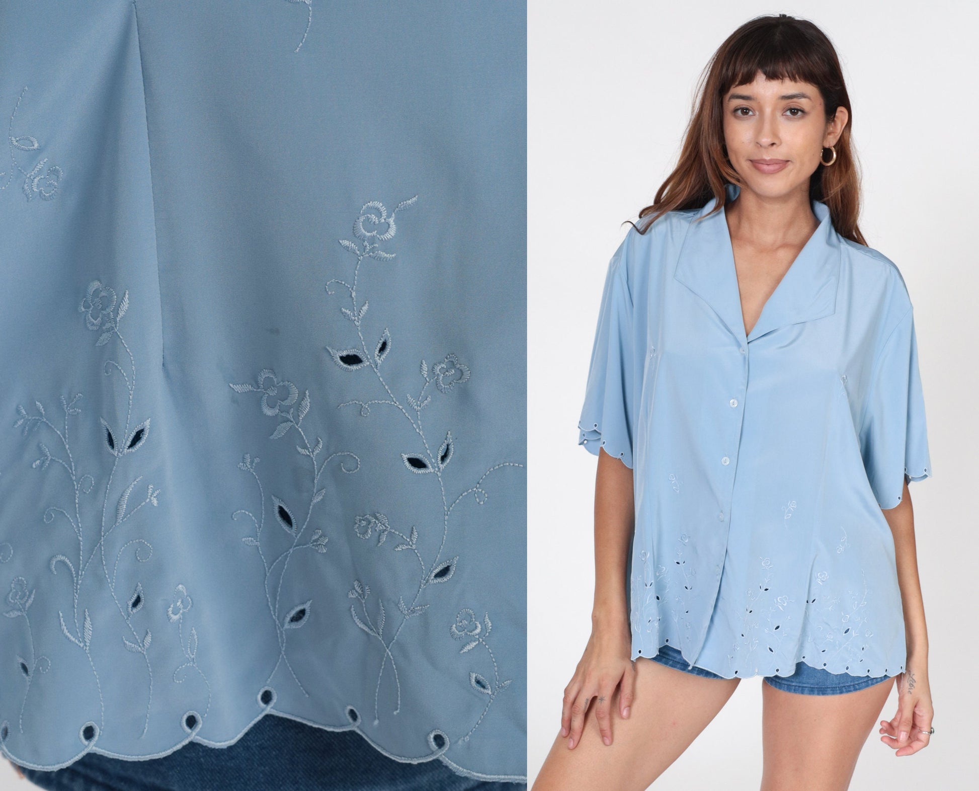 80s Baby Blue Floral Embroidered Blouse Eyelet Cutout Button Up Short Sleeve Extra Extra Large XXL