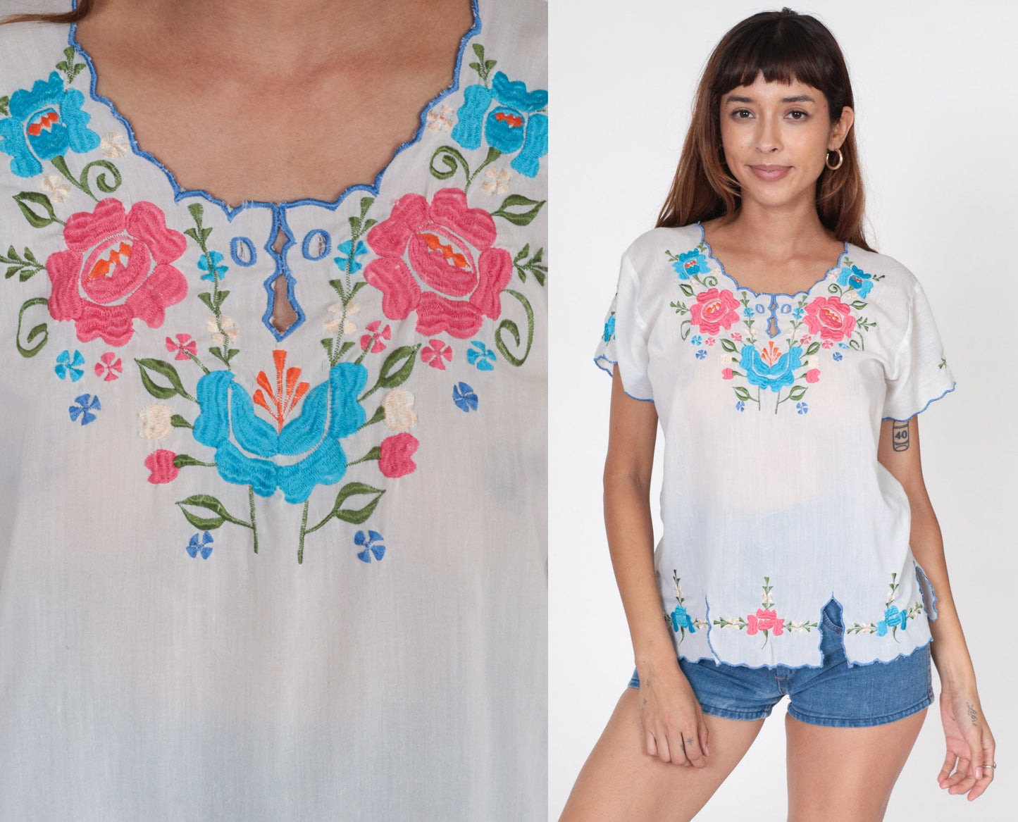 90s White Floral Embroidered Blouse Semi-Sheer Short Sleeve Small