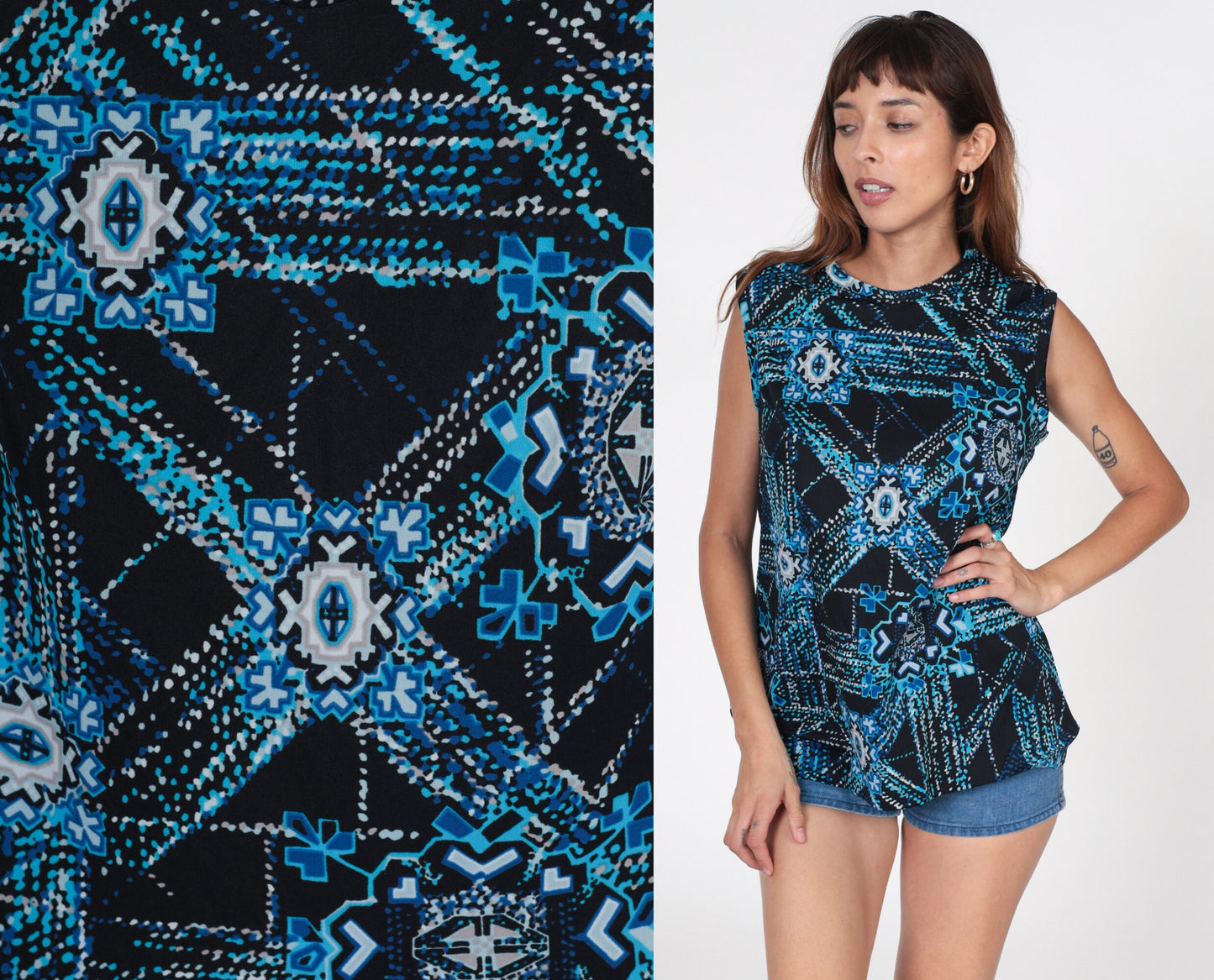 70s Geometric Tank Top Black Blue Psychedelic Print Sleeveless Medium Large