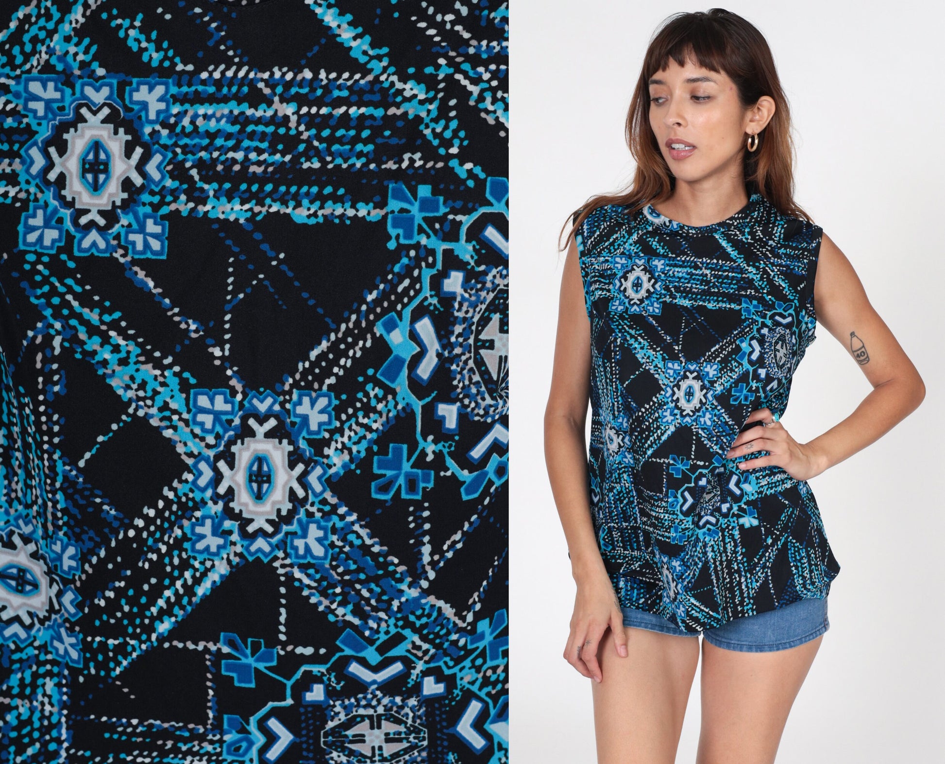 70s Geometric Tank Top Black Blue Psychedelic Print Sleeveless Medium Large