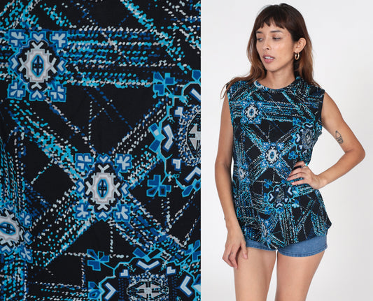 70s Geometric Tank Top Black Blue Psychedelic Print Sleeveless Medium Large