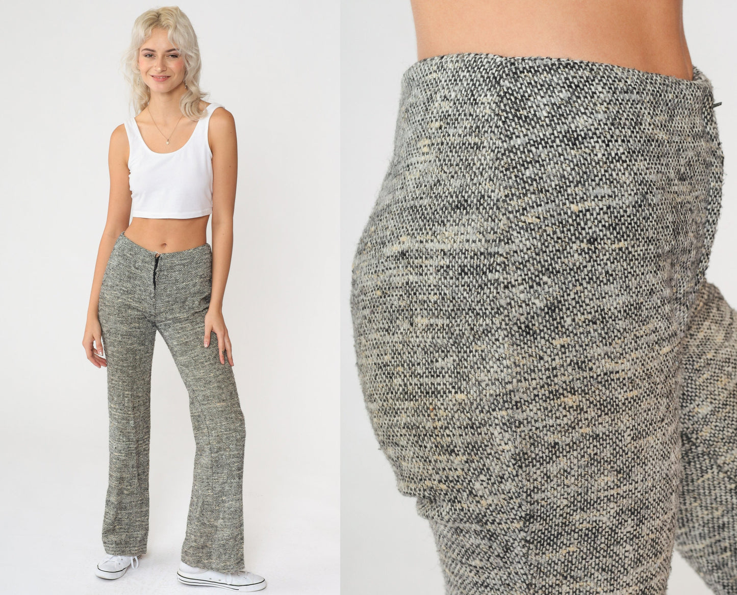 70s Wool Flared Trousers Black White Flecked Mid Rise Extra Small