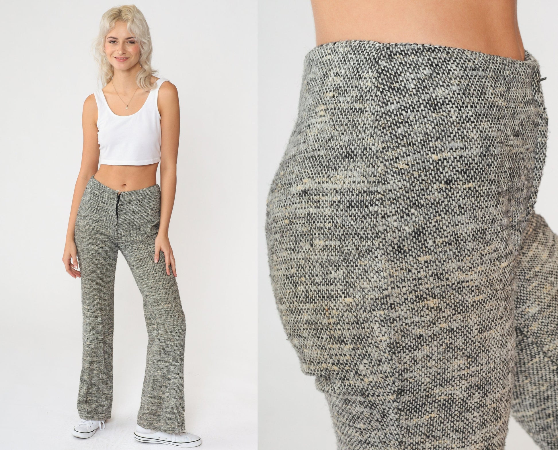 70s Wool Flared Trousers Black White Flecked Mid Rise Extra Small