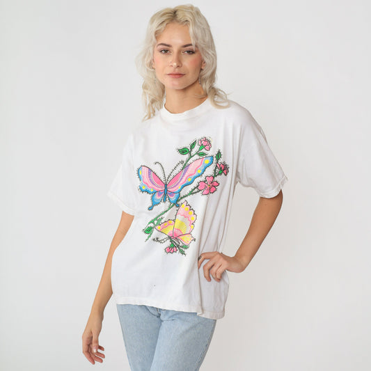 90s Floral Butterfly Graphic T-Shirt White Glitter Paint Single Stitch Medium