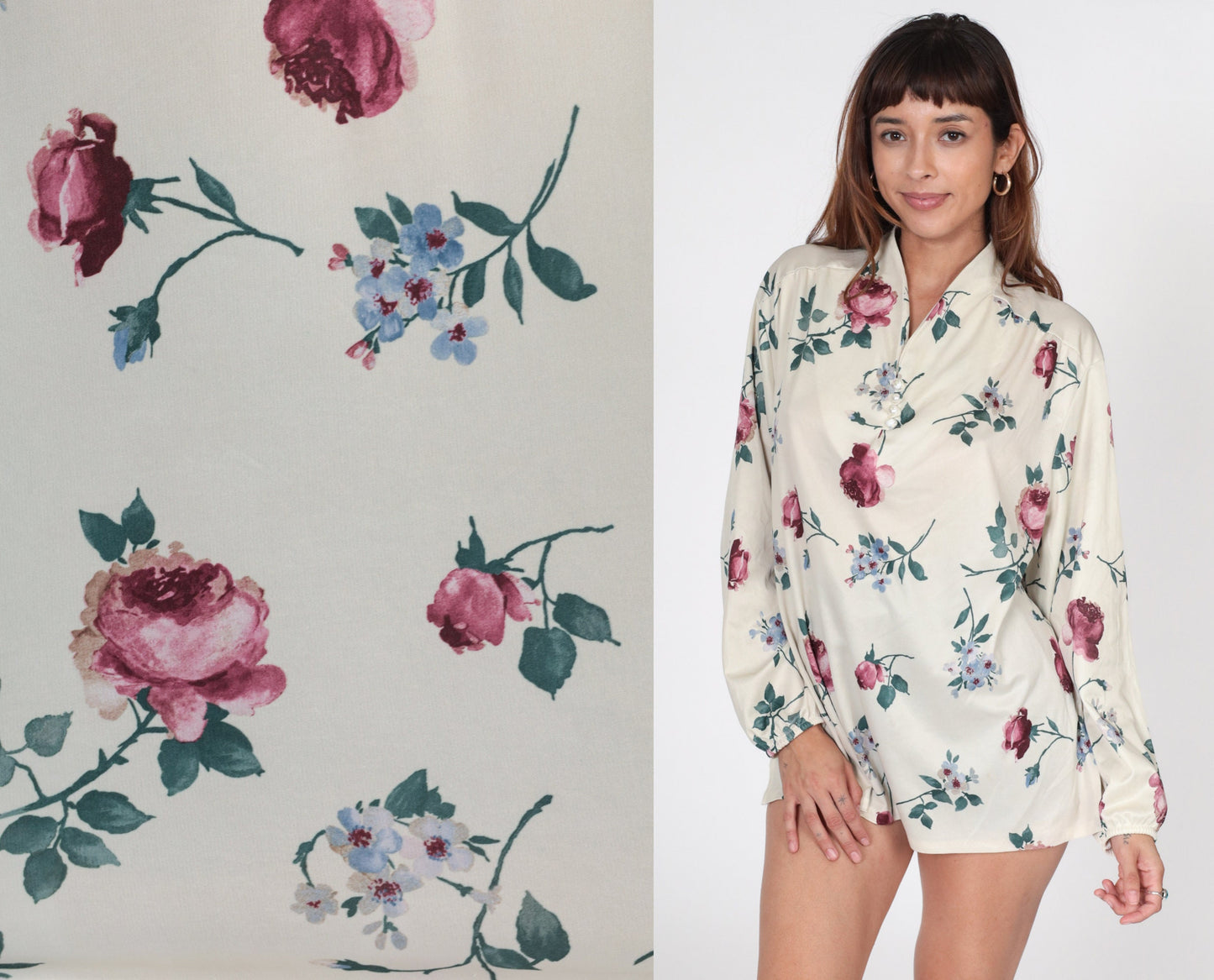 70s Floral Button-Up Blouse Cream Long Sleeve Shirt Plus Size XXL
