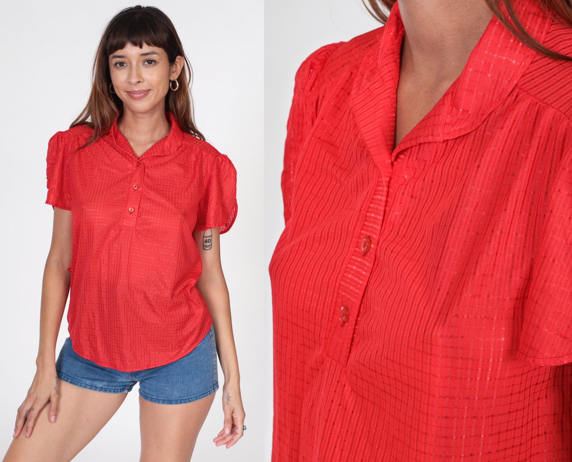 70s Red Checkered Puff Sleeve Button-Up Blouse Sheer Medium
