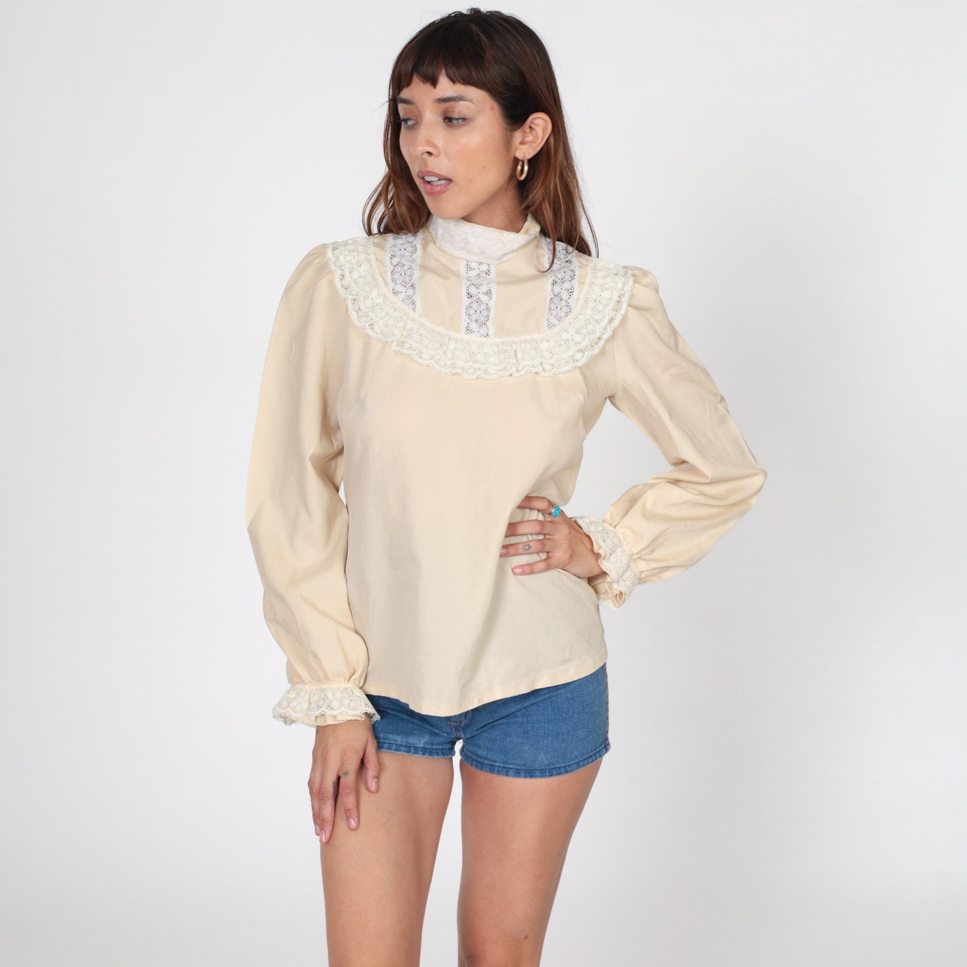 70s Beige Puff Sleeve Blouse Lace Bib Mock Neck Poet Shirt Medium