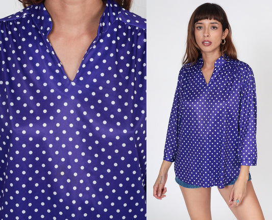 70s Purple Polka Dot Blouse Long Sleeve V Neck Collared Shirt Large 12