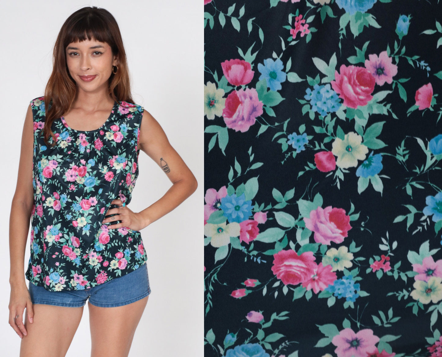00s Black Floral Tank Top Y2K Sleeveless Blouse Wildflower Print Medium