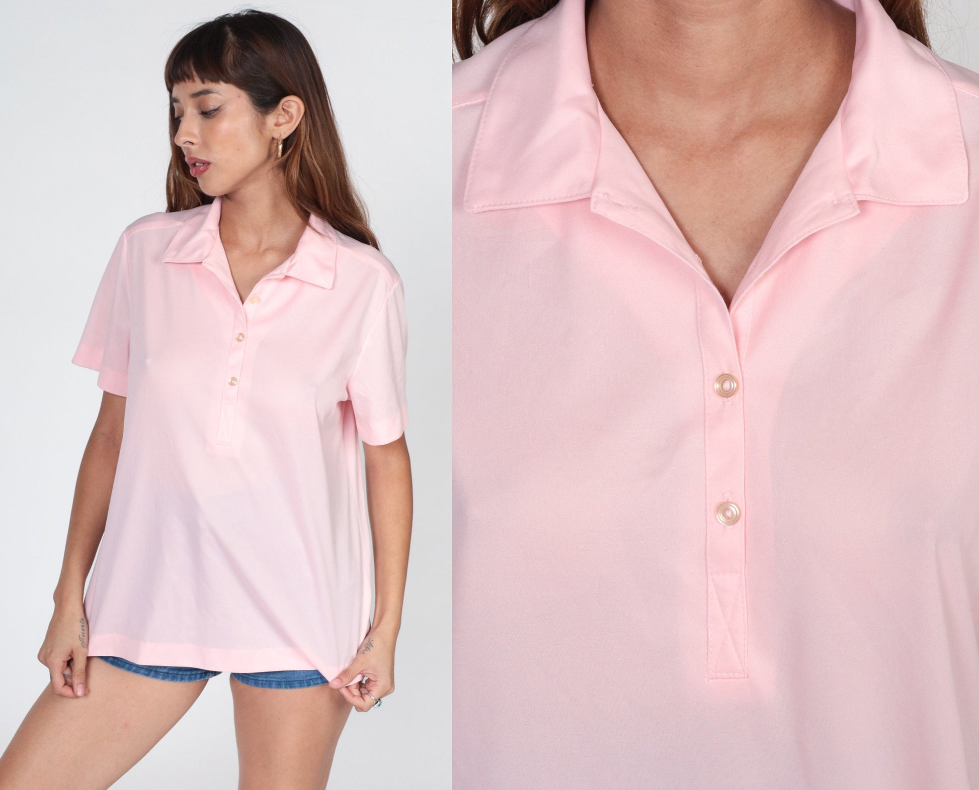 70s Polo Shirt Baby Pink Collared Short Sleeve Blouse Large L