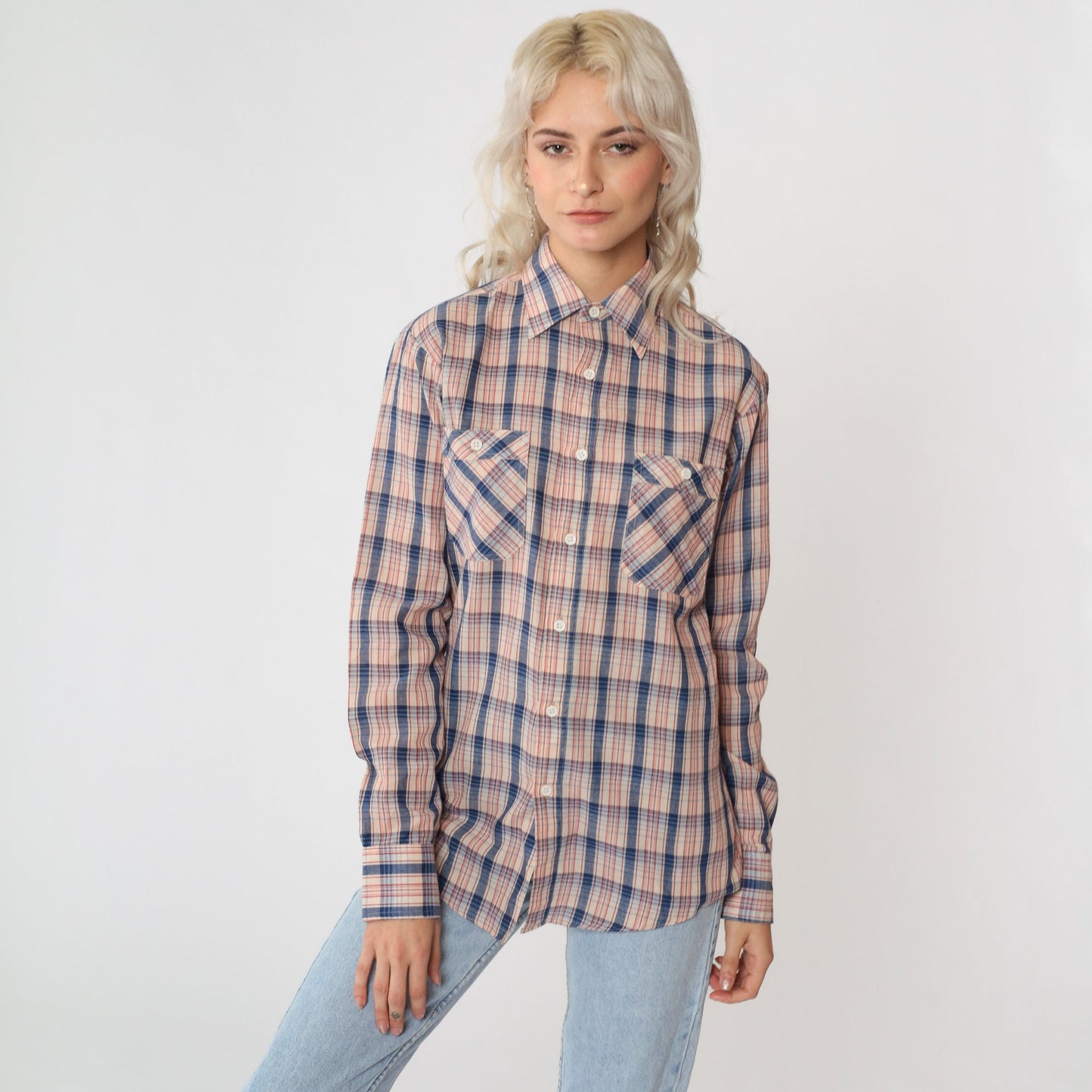 80s Saturdays in California Plaid Button-Up Shirt Blue Red Cream Small