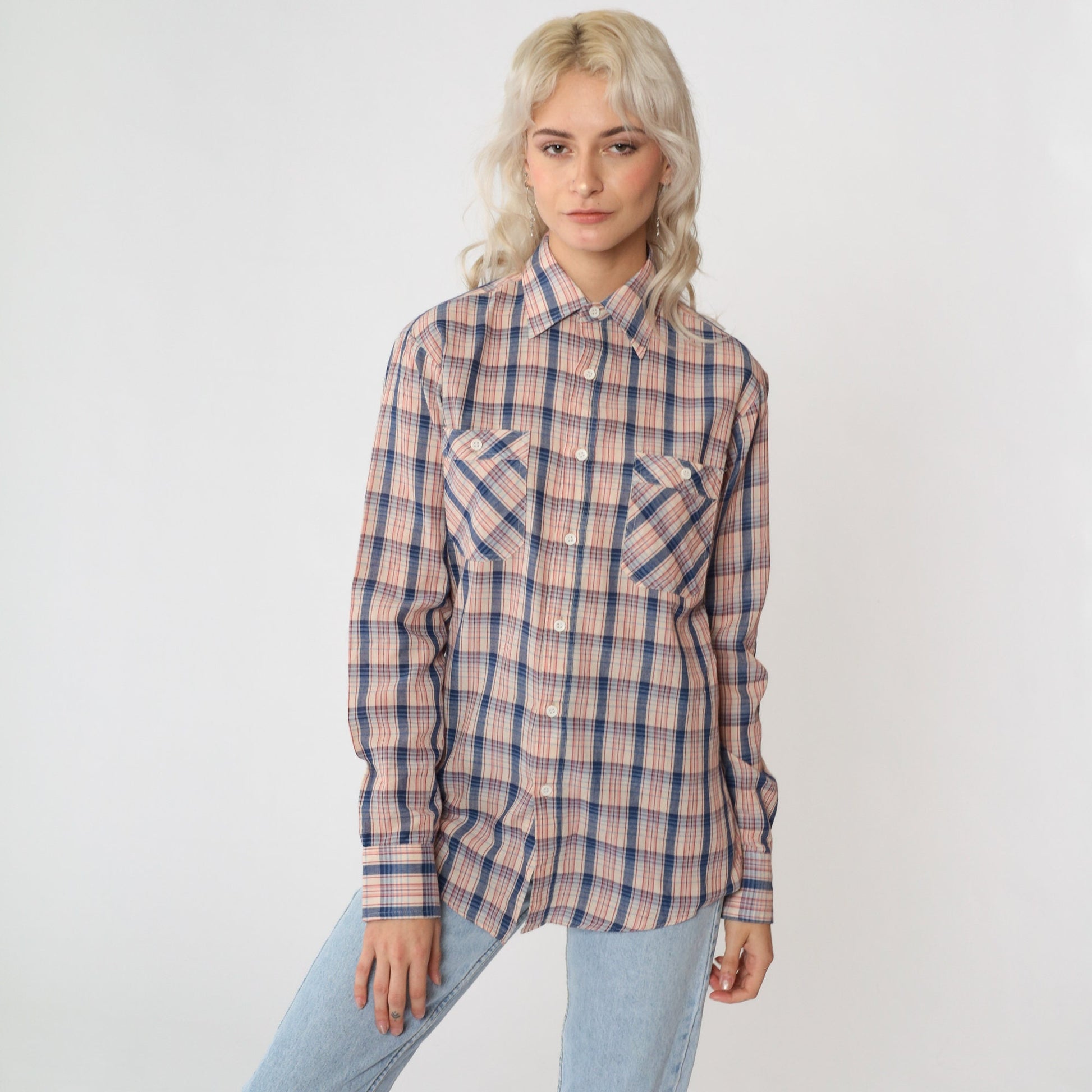 80s Saturdays in California Plaid Button-Up Shirt Blue Red Cream Small