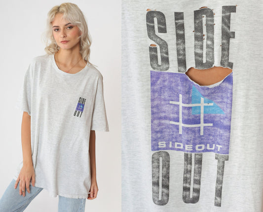 90s Sideout Volleyball Graphic T-Shirt Heather Grey Distressed Extra Large XL