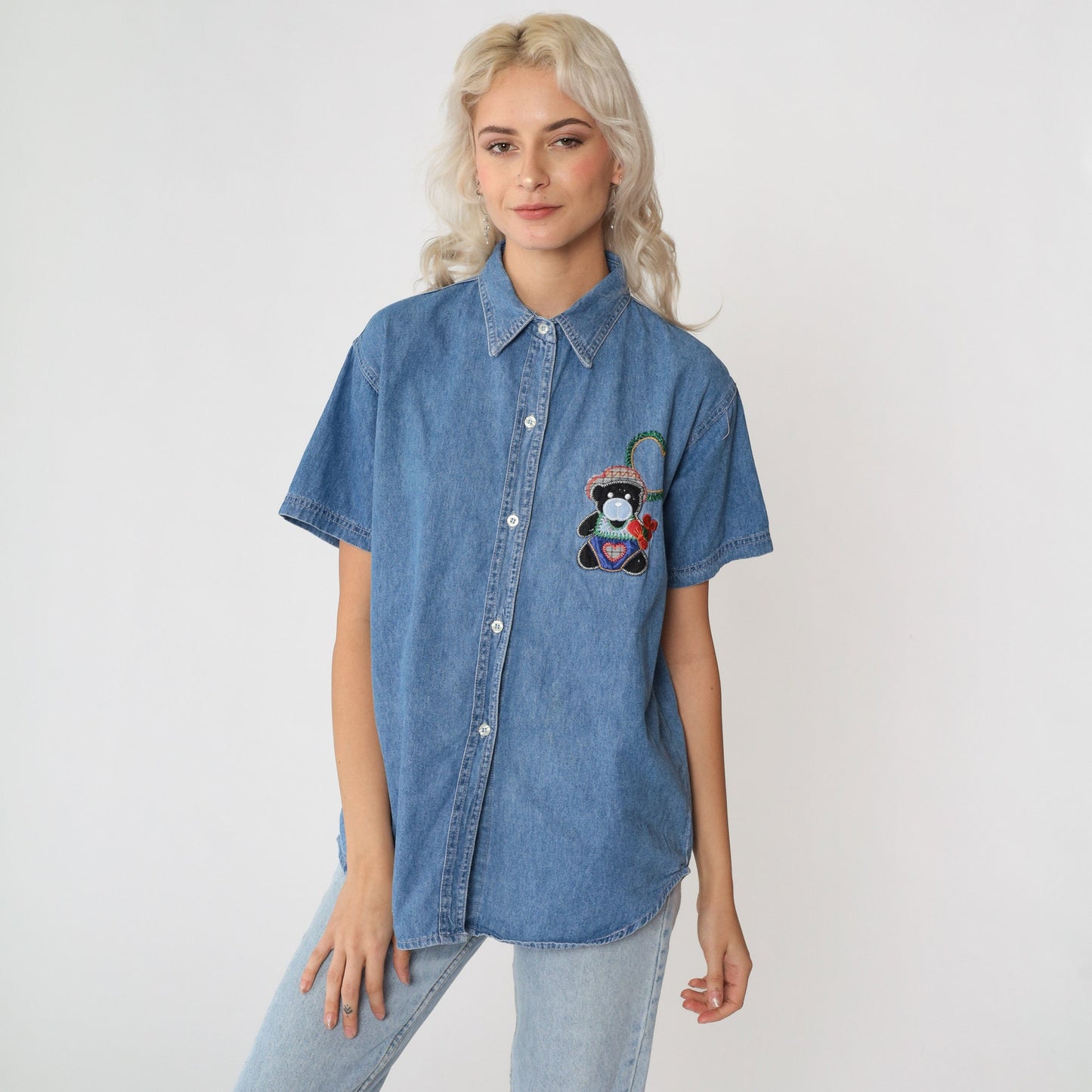 90s Cactus Clothing Denim Button Down Teddy Bear Heart Embroidered Shirt Medium