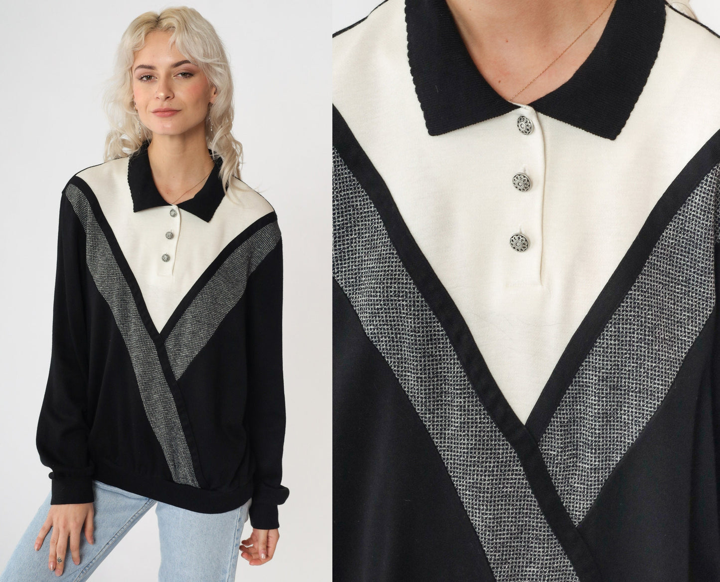 90s Alfred Dunner Colour Block Chevron Sweatshirt Black White Large L
