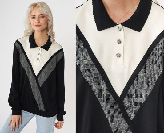 90s Alfred Dunner Colour Block Chevron Sweatshirt Black White Large L