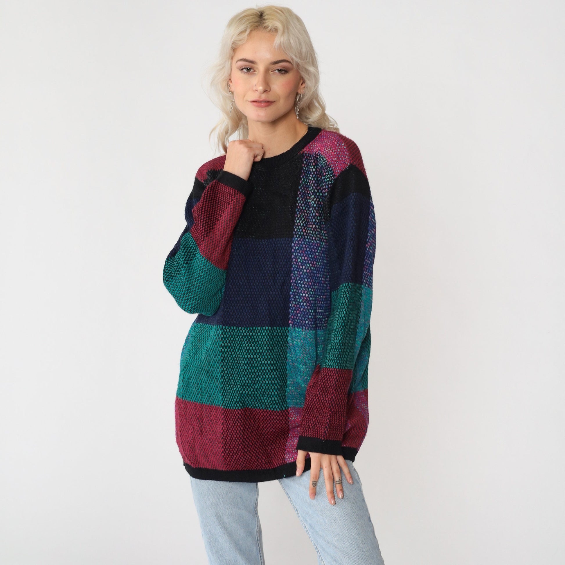 90s Alfred Dunner Color Block Crewneck Sweater Black Green Blue Small