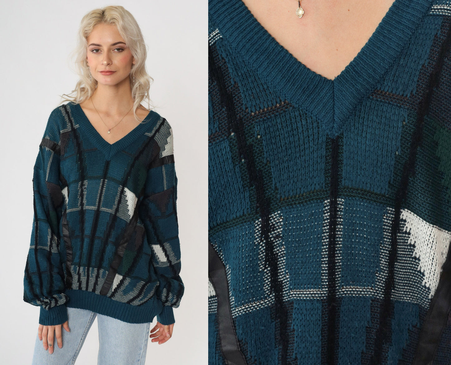 90s Urban Works Geometric Leather Trim Sweater Teal Blue Black V-Neck Large L