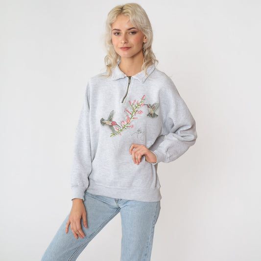 90s Hummingbird Floral Quarter Zip Sweatshirt Heather Grey Jerzees Medium