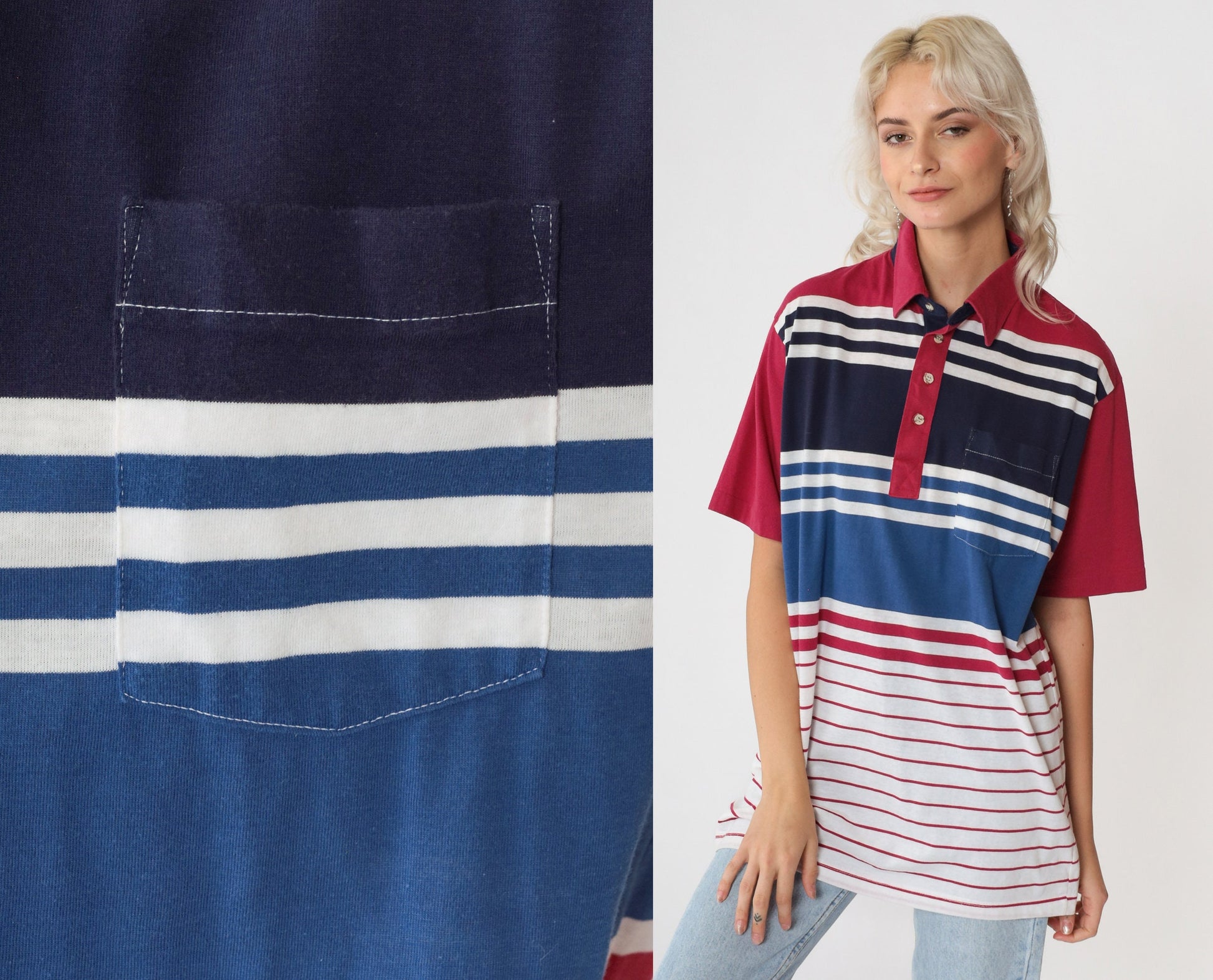90s Striped Polo Shirt Raspberry Red Navy White Collared Cotton Large
