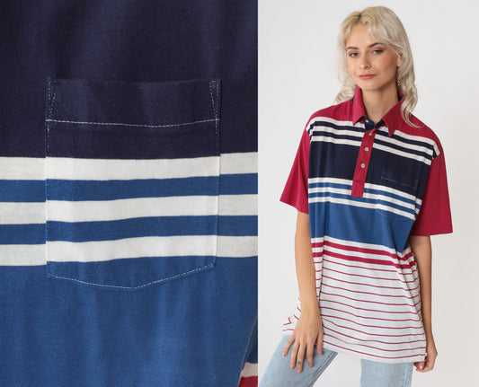 90s Striped Polo Shirt Raspberry Red Navy White Collared Cotton Large