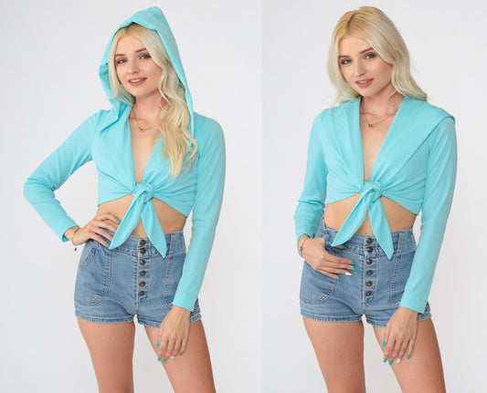 70s Aqua Hooded Crop Top Deep V Neck Long Sleeve Small S