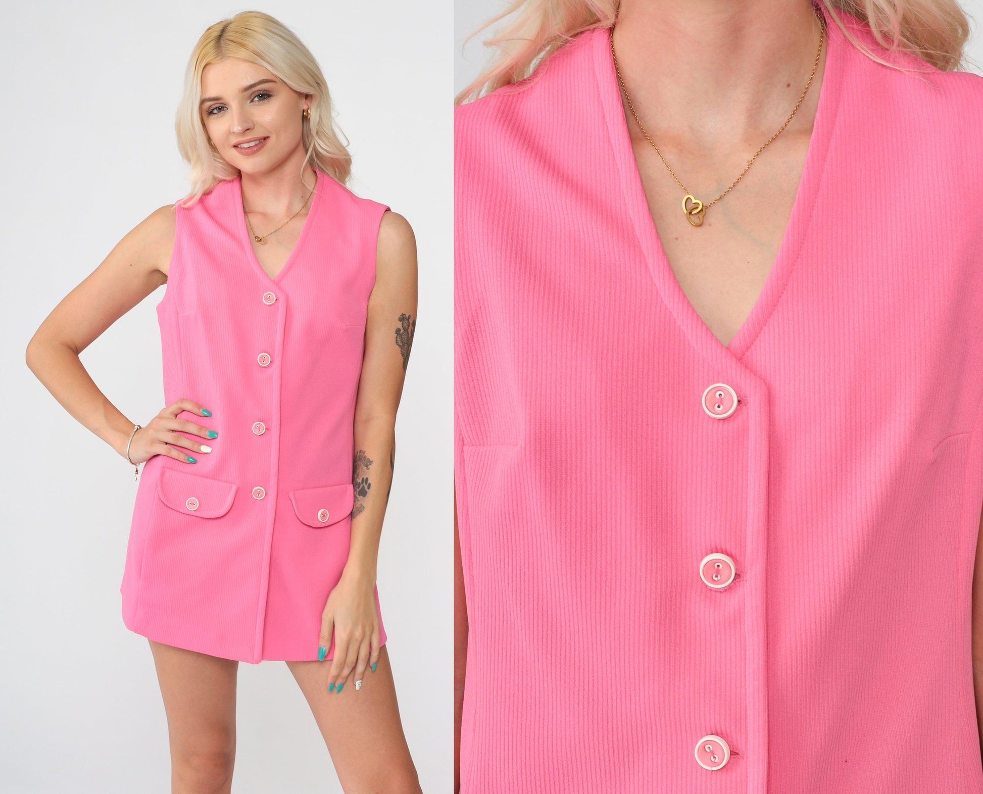70s Pink Tank Top V Neck Button Up Sleeveless Blouse Small S