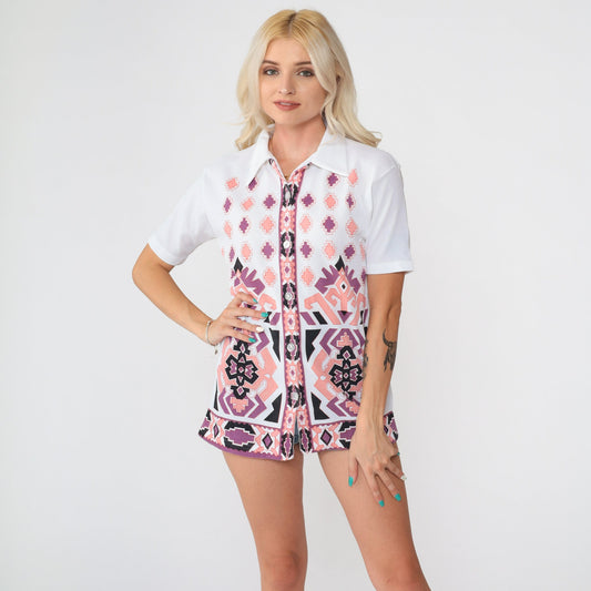 70s Geometric Print Button-Up Blouse White Short Sleeve Shirt Medium