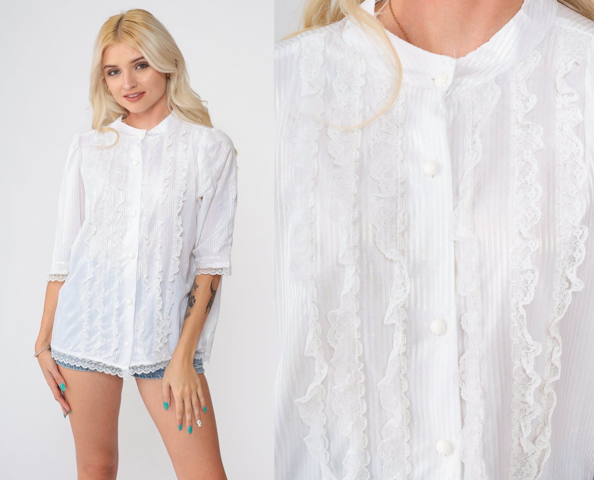70s White Lace Ruffle Blouse Puff Sleeve Button Up Large