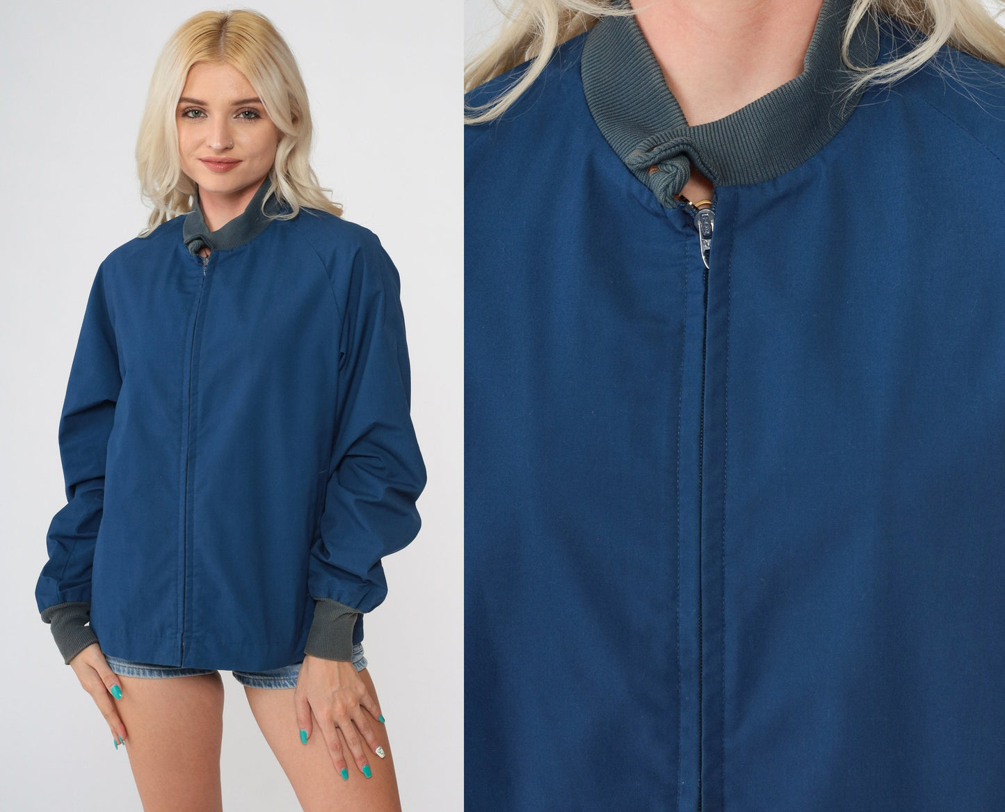 80s Dark Blue Windbreaker Jacket Grey Knit Cuffs Cotton Blend Small Medium