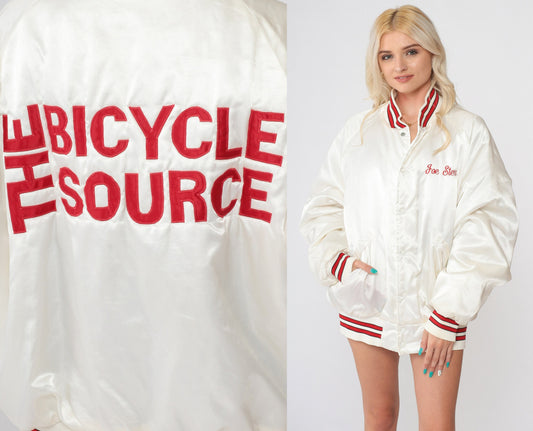 80s The Bicycle Source Bomber Jacket White Nylon Staff Uniform Extra Large XL