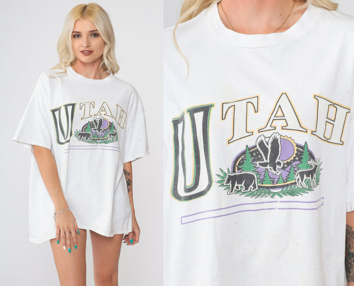 90s Utah Paint Splatter Graphic Tee Eagle Bear Deer Single Stitch White Extra Large XXL