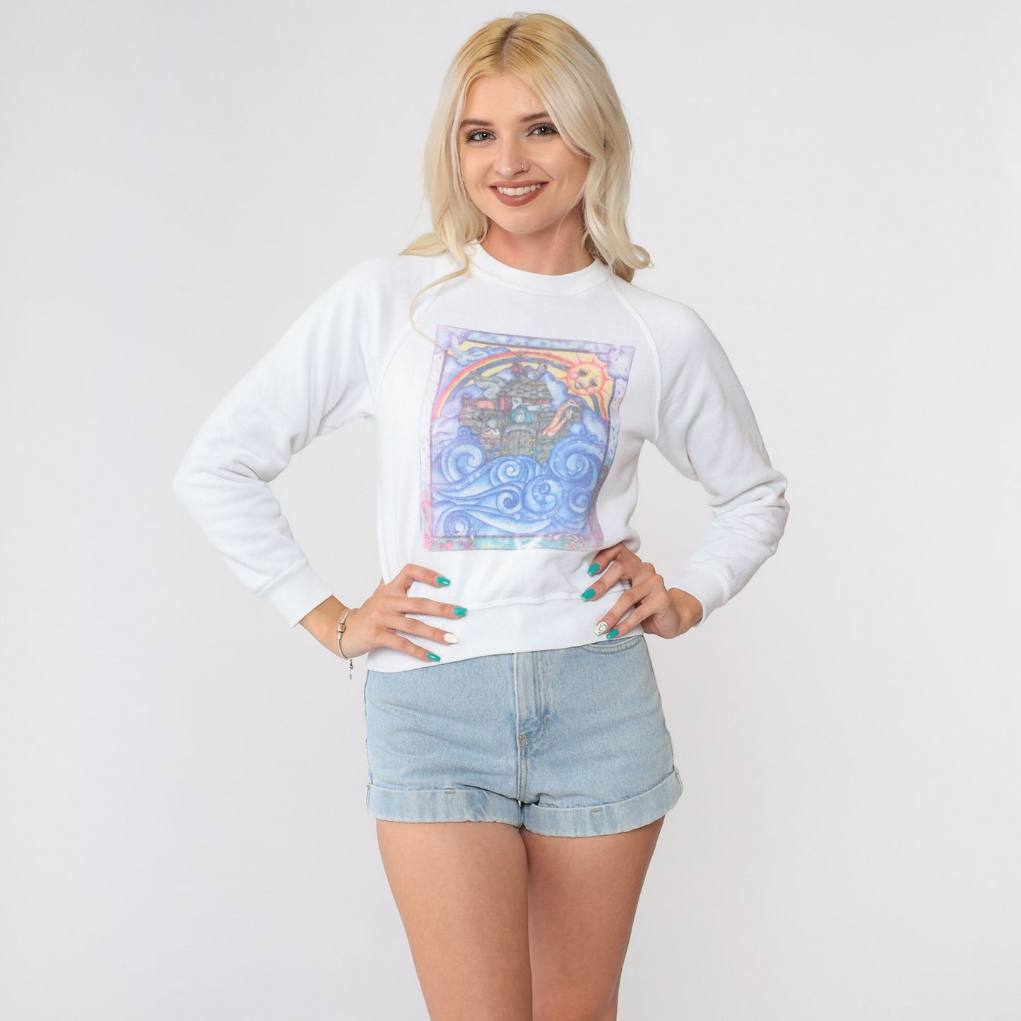 90s Noah's Ark Sweatshirt Animal Print Rainbow Raglan Graphic XXS