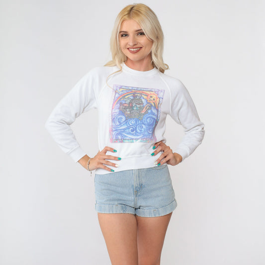90s Noah's Ark Sweatshirt Animal Print Rainbow Raglan Graphic XXS