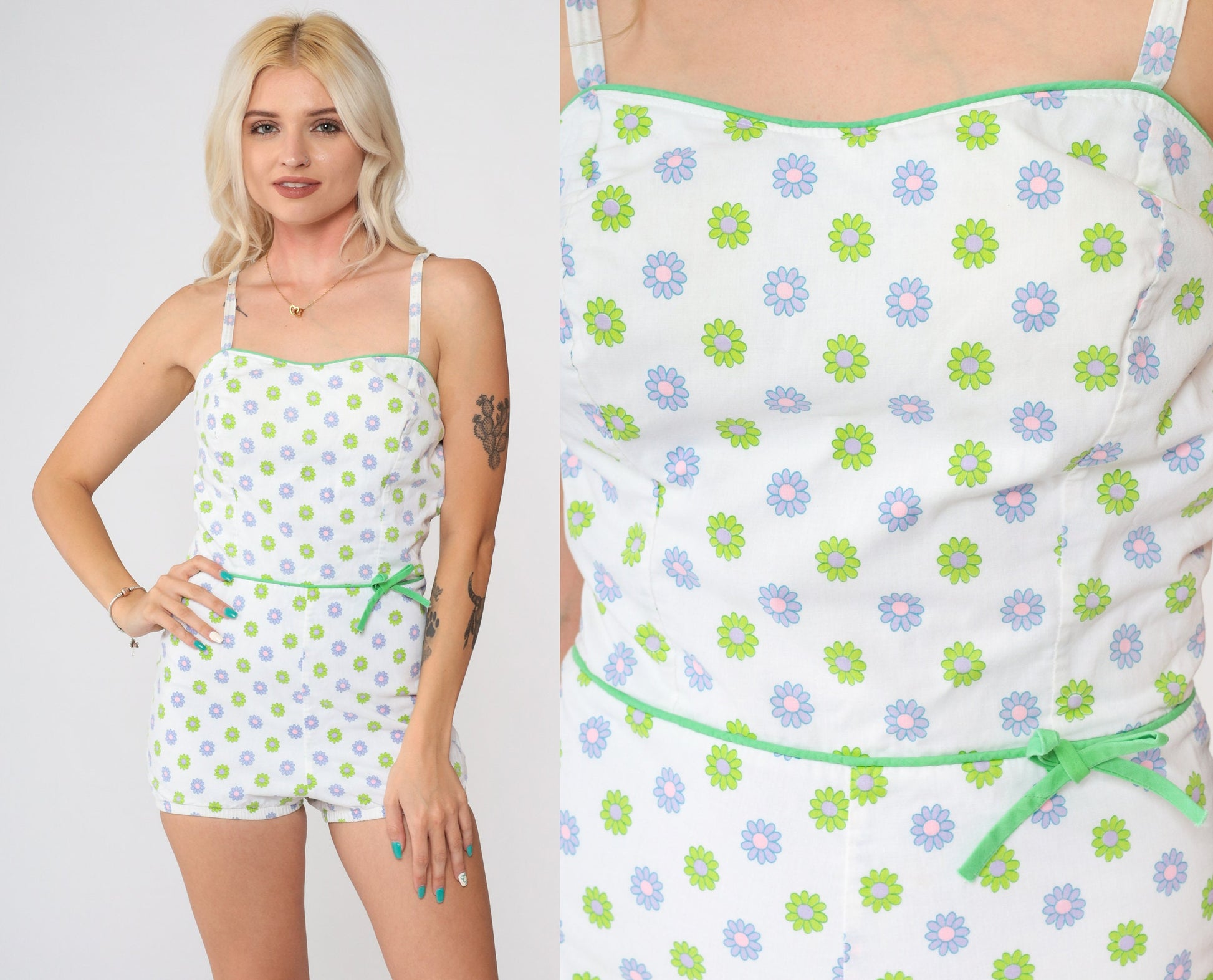 60s White Floral One-Piece Swimsuit Smocked Spaghetti Strap Small Medium