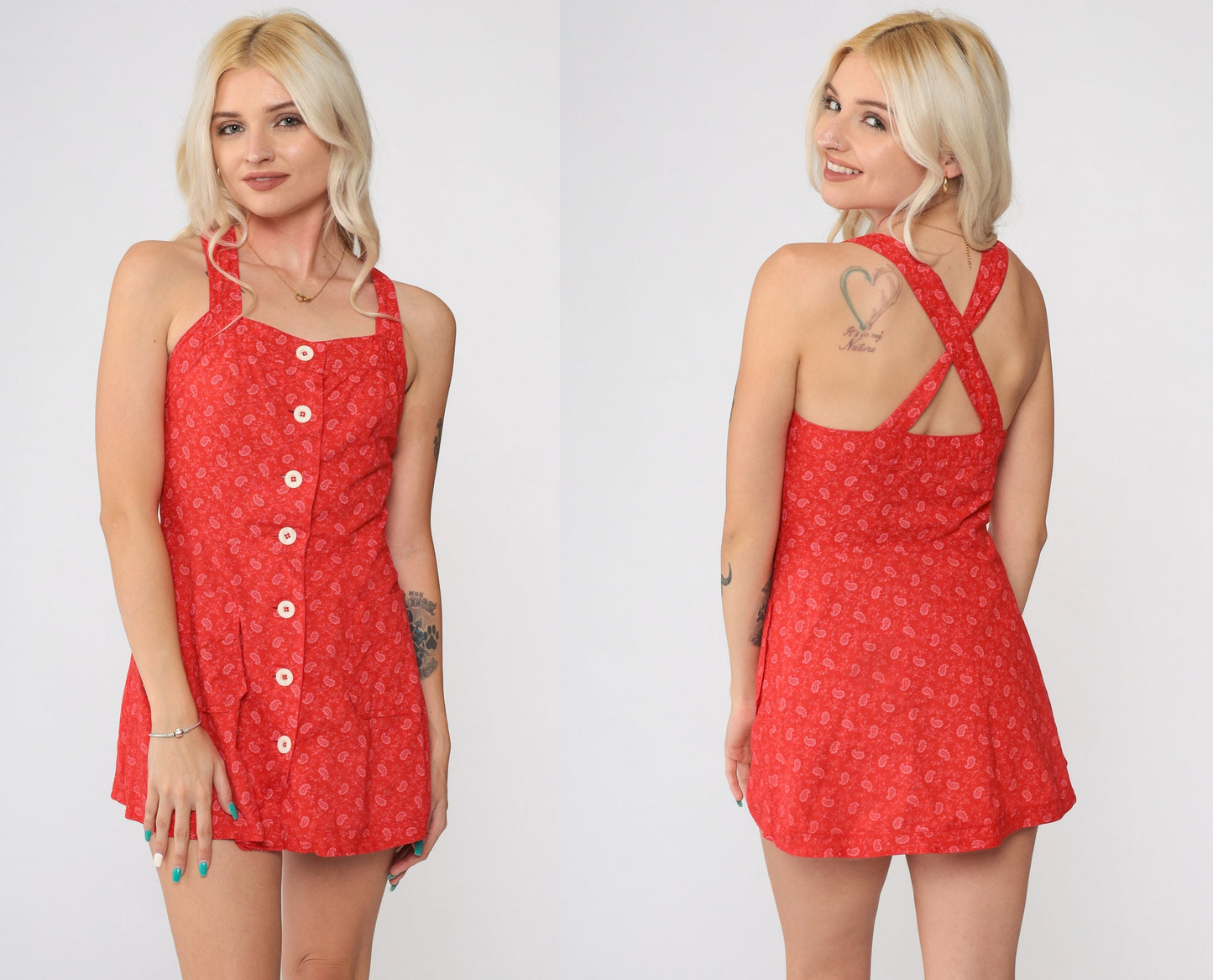 70s Red Paisley Micro Mini Sundress White Print Button Front XXS