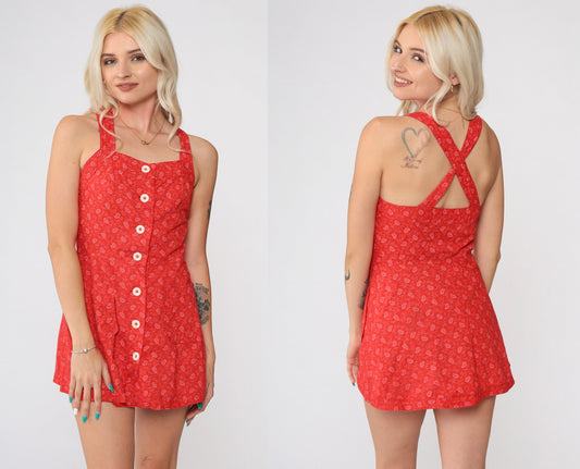 70s Red Paisley Micro Mini Sundress White Print Button Front XXS