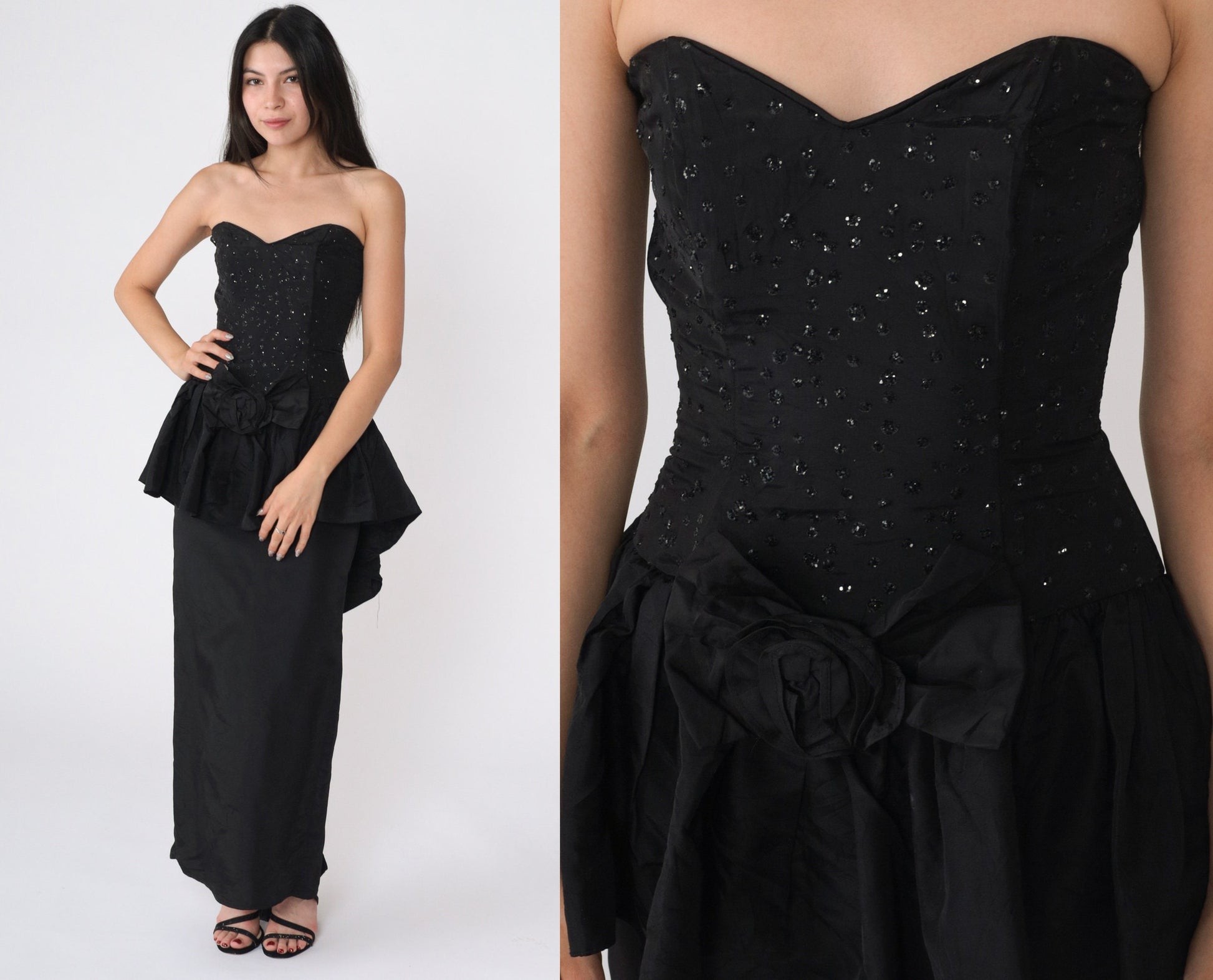 80s Gunne Sax Black Glitter Strapless Maxi Dress Sweetheart Neckline XXS