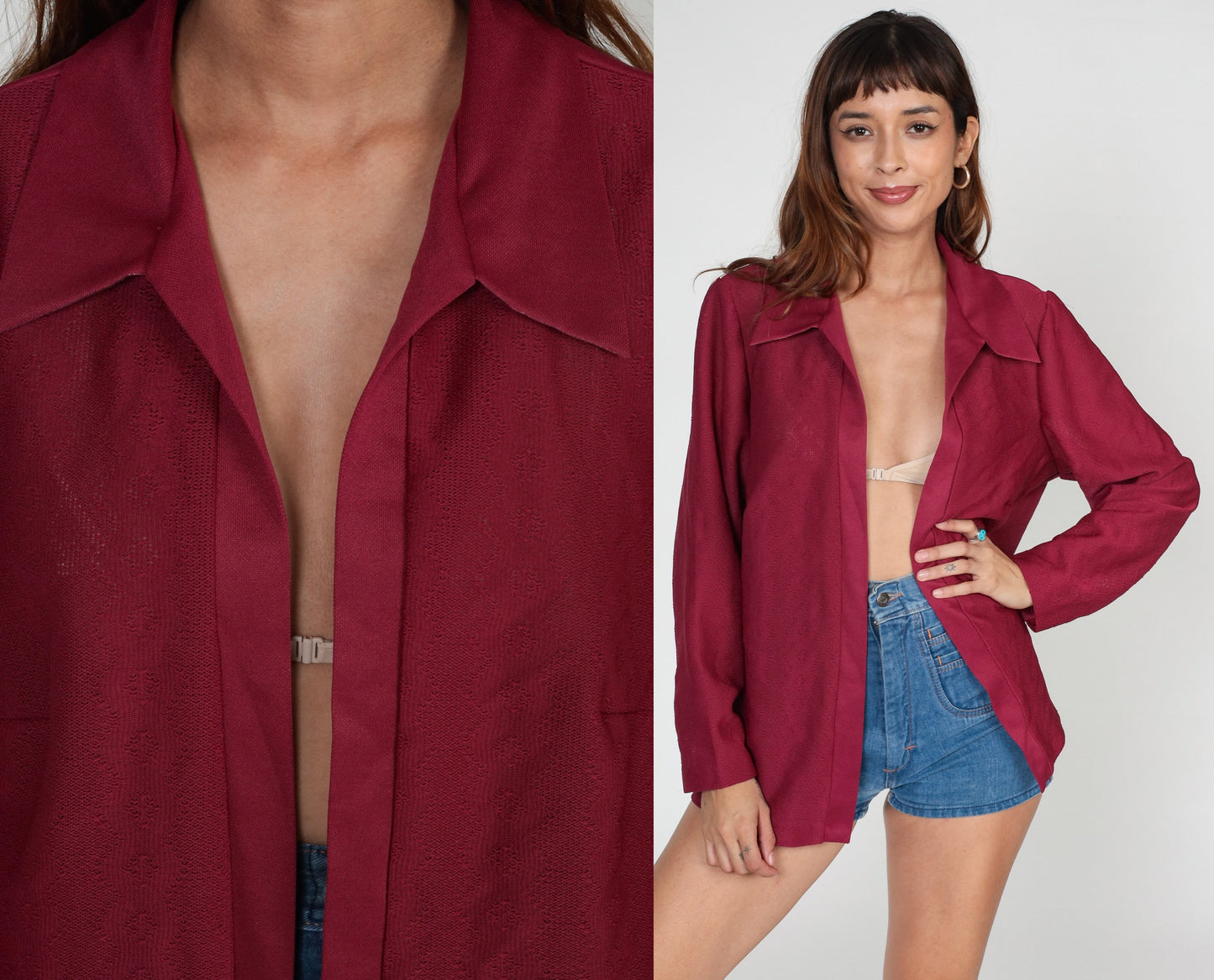 70s Raspberry Red Open Front Blazer Long Sleeve Collared Jacket Medium M